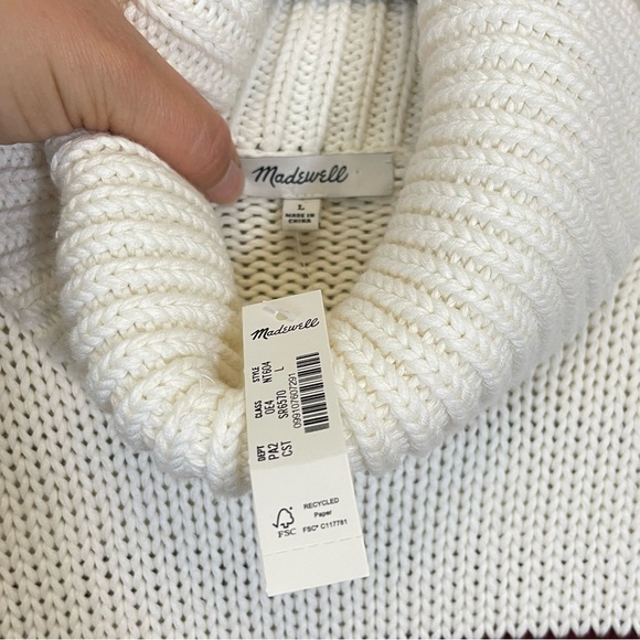 NWT Madewell Cream Striped Ribbed Cotton Chunky Turtleneck Sweater Size L - Picture 5 of 10